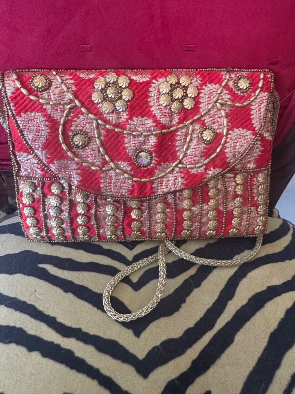 Embellished Pink-Red Quilted Evening Clutch with Gold Accents